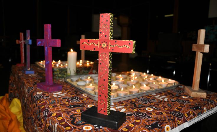 Painted crosses from a past UAICC and Uniting Church event